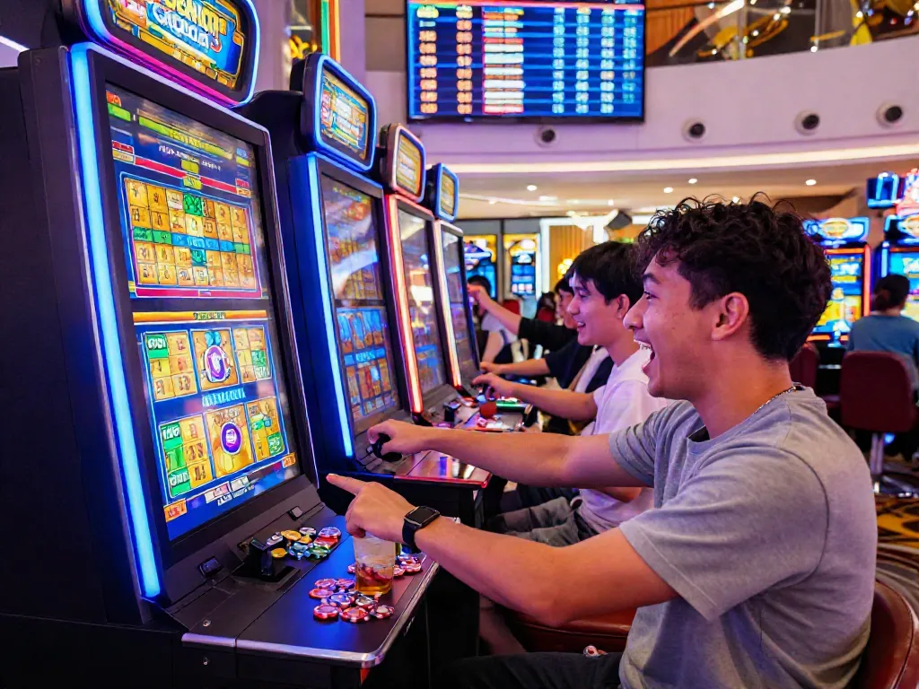 Excited player engaging with a SLOT GACOR machine in a vibrant casino.