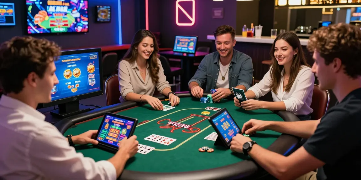 Group of friends enjoying games at the best new online casinos in a vibrant gaming environment.