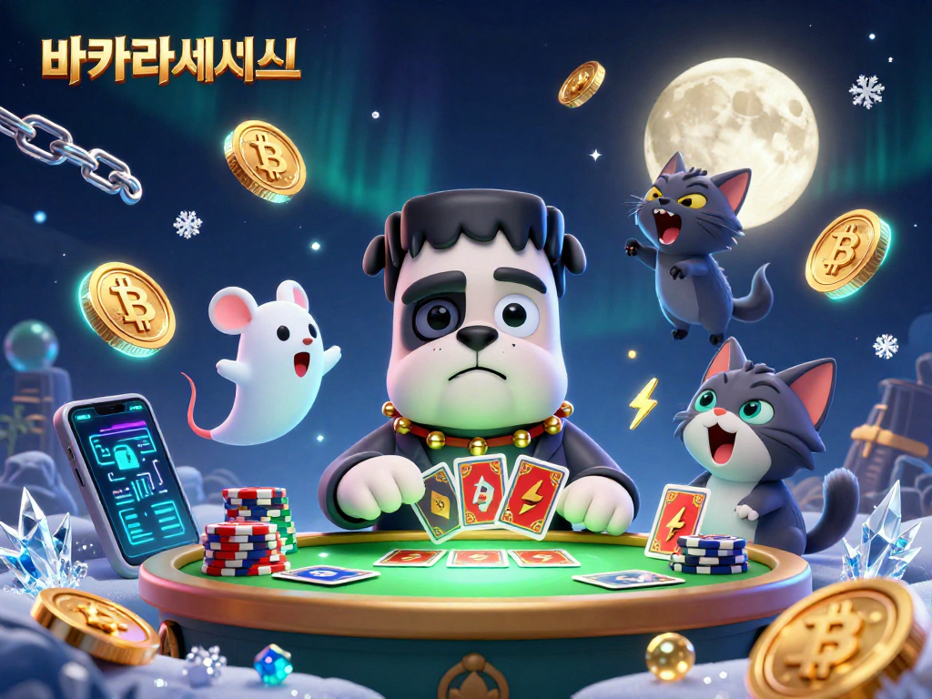 바카라사이트에서 카드 게임을 하는 Frankenstein 강아지 몬스터와 유령 쥐의 생동감 넘치는 장면