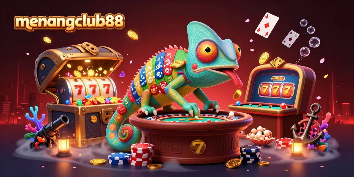 Experience thrilling gameplay at menangclub88 with a colorful chameleon casino owner amidst gold coins and slot elements.