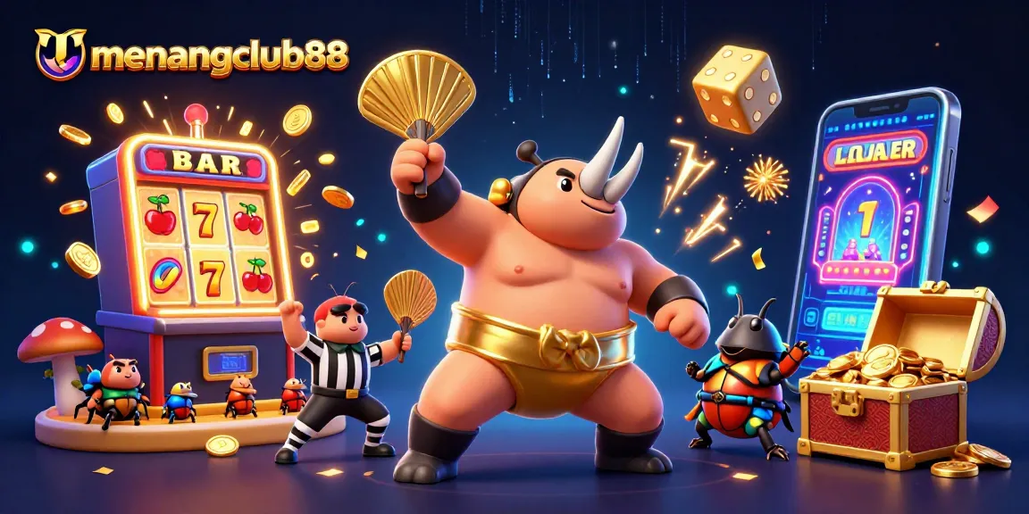 Experience the excitement of menangclub88 as a rhinoceros beetle champion wins big amidst a vibrant casino scene.