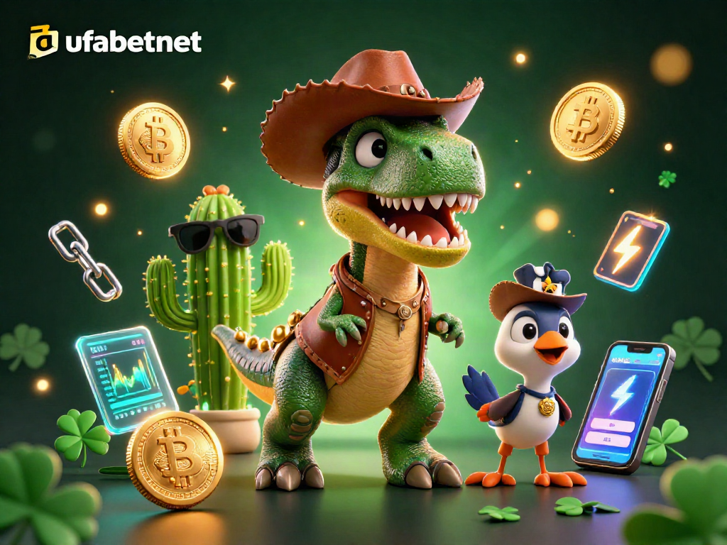 Experience thrilling action with ufabetnet as a cartoon dinosaur cowboy sparks excitement in the casino.