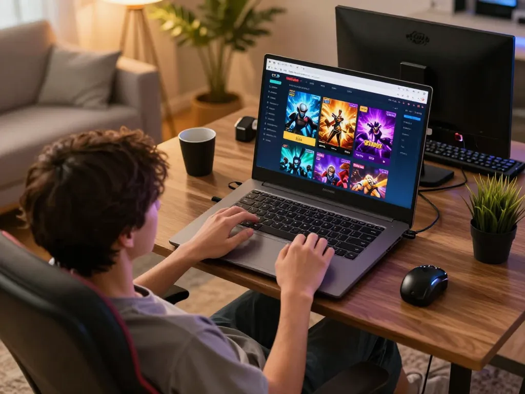Engaged player exploring 98win trang chu on laptop during an online gaming session.