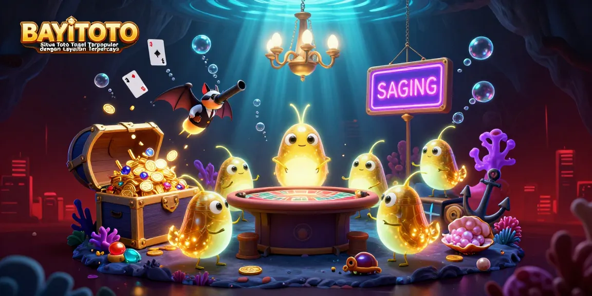 BAYITOTO Situs Toto Togel Terpopuler dengan Layanan Terpercaya shines in a vibrant casino scene filled with glowworms and treasures.