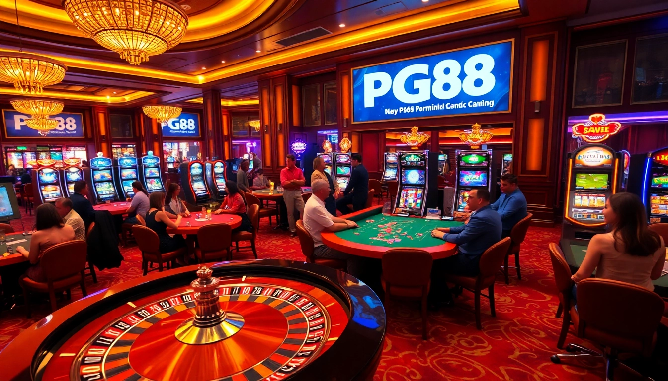 Exciting scene of players celebrating wins at PG88 casino tables and slot machines.