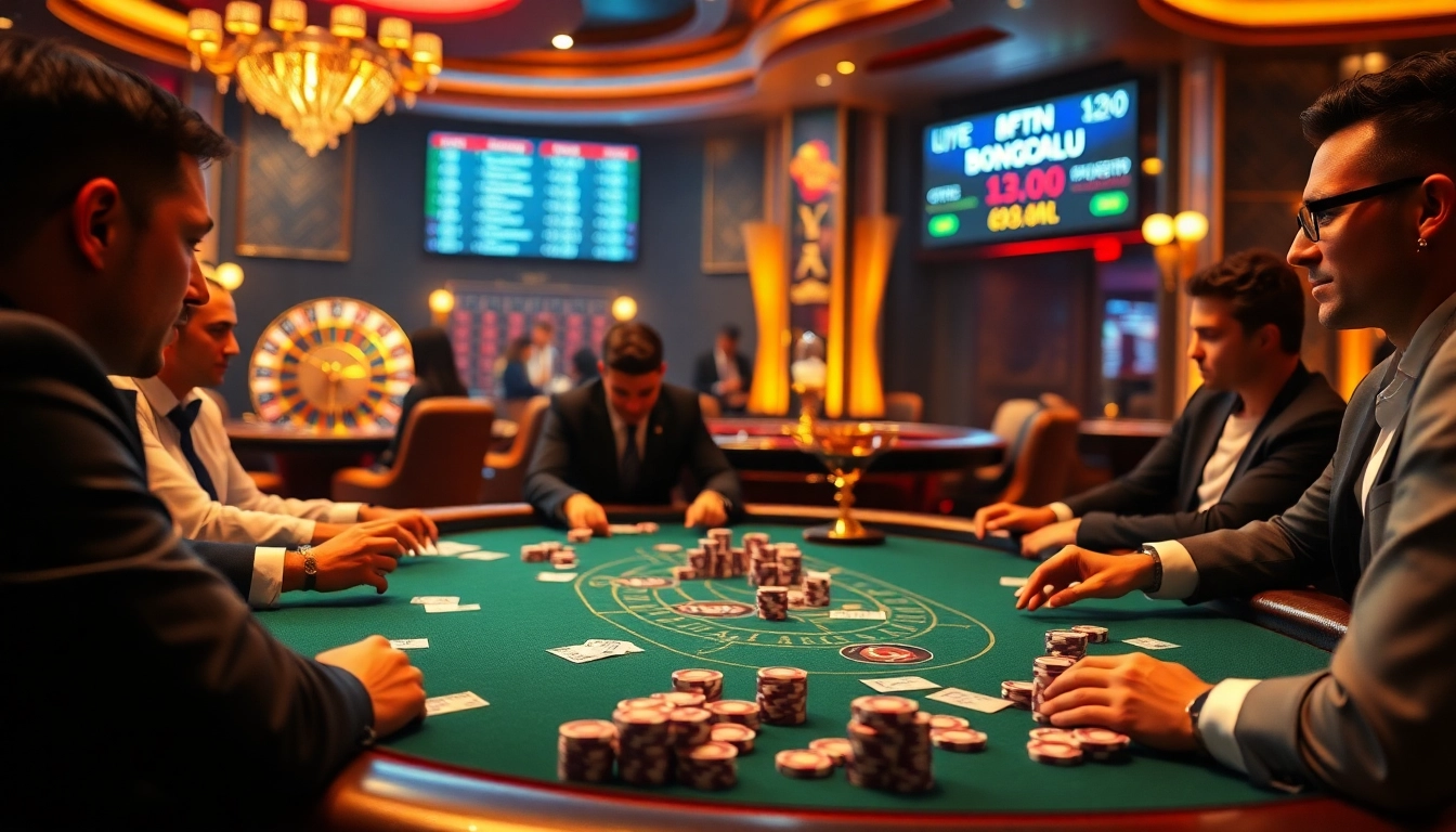 Players strategizing at a high-stakes poker table, featuring bongdalu elements promoting top gambling action.