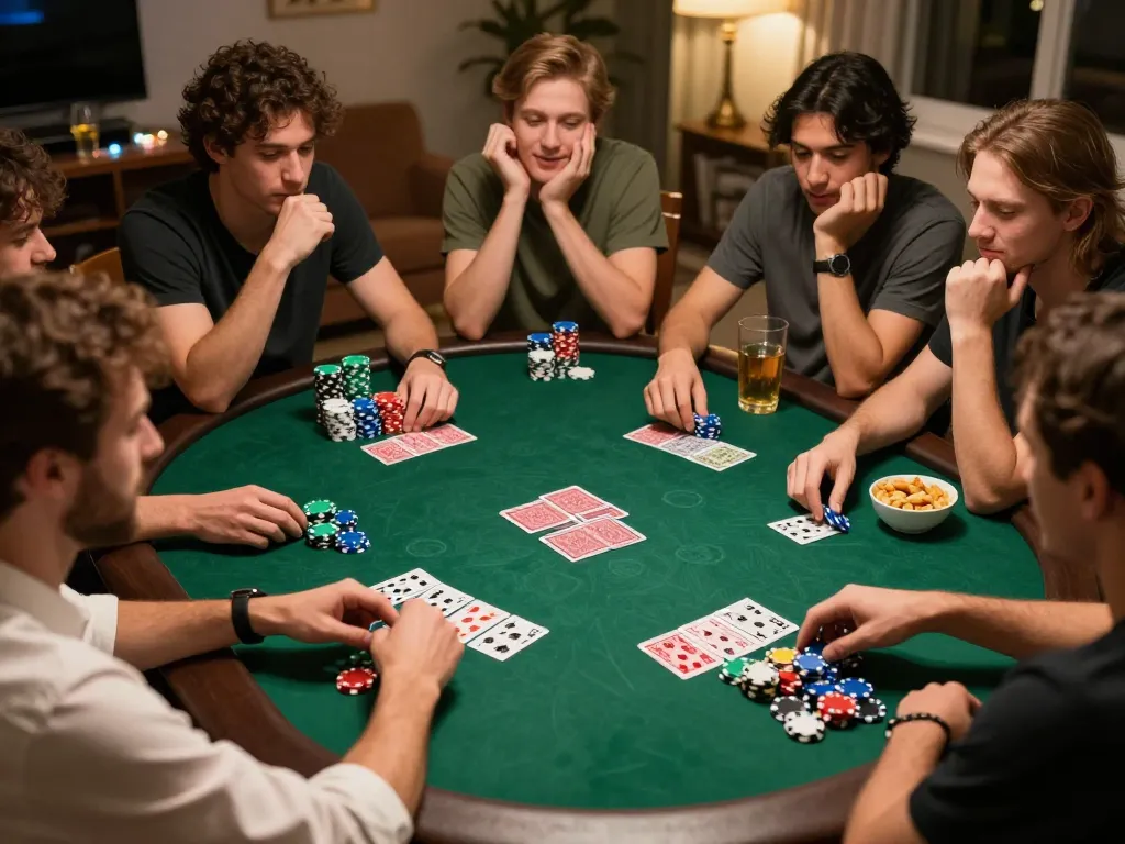 Friends playing poker at home, enjoying a tg88 gaming experience with chips and cards on the table