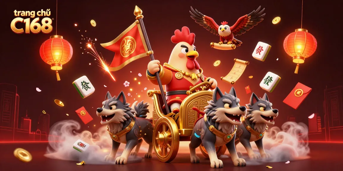Experience thrilling gaming at trang chủ C168 with dynamic rooster hero leading a vibrant casino scene.