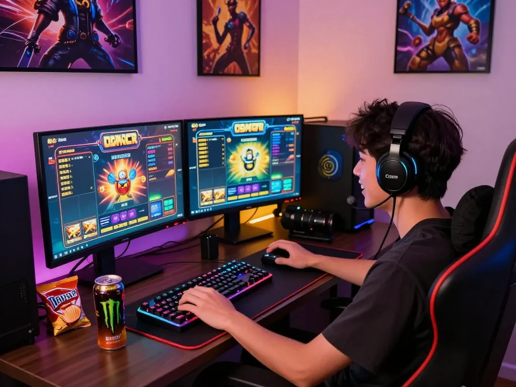 Engaging gaming scene with player immersed in slot gacor hari ini, colorful LED lights, and dynamic setup for an exciting gaming experience.