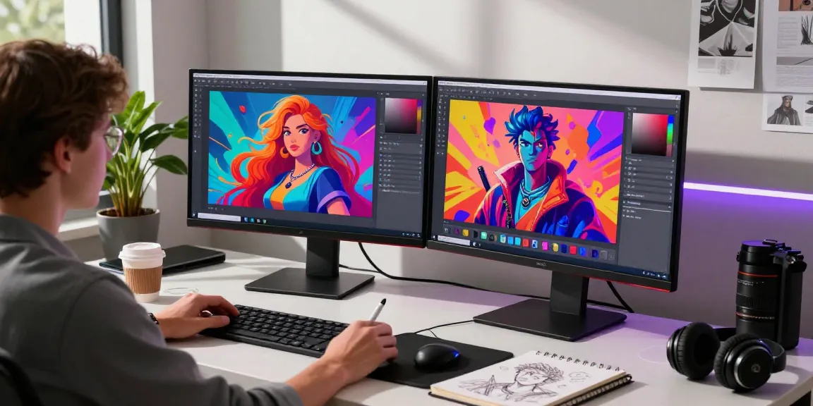 Creative workspace featuring a person generating NSFW AI art on dual monitors, showcasing digital artwork.