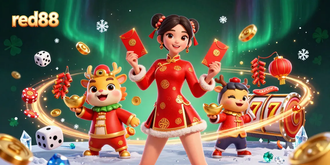 Engage with red88 gaming excitement as a vibrant Asian woman celebrates with cards and slots.