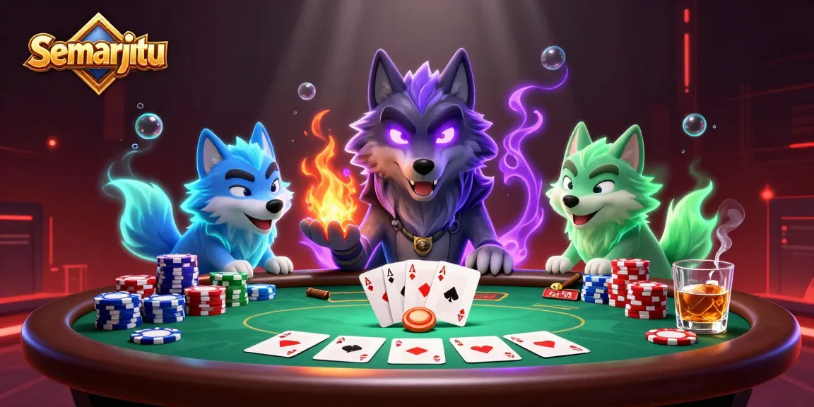 Semarjitu membawa keberuntungan melalui permainan poker dengan karakter serigala yang berenergi dan kartu penuh warna.