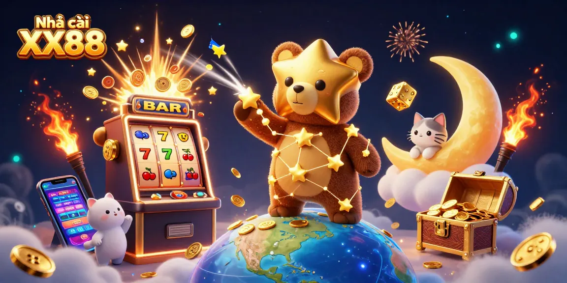 Engage with Nhà cái XX88 through dynamic casino games, illustrated in vibrant 3D style.