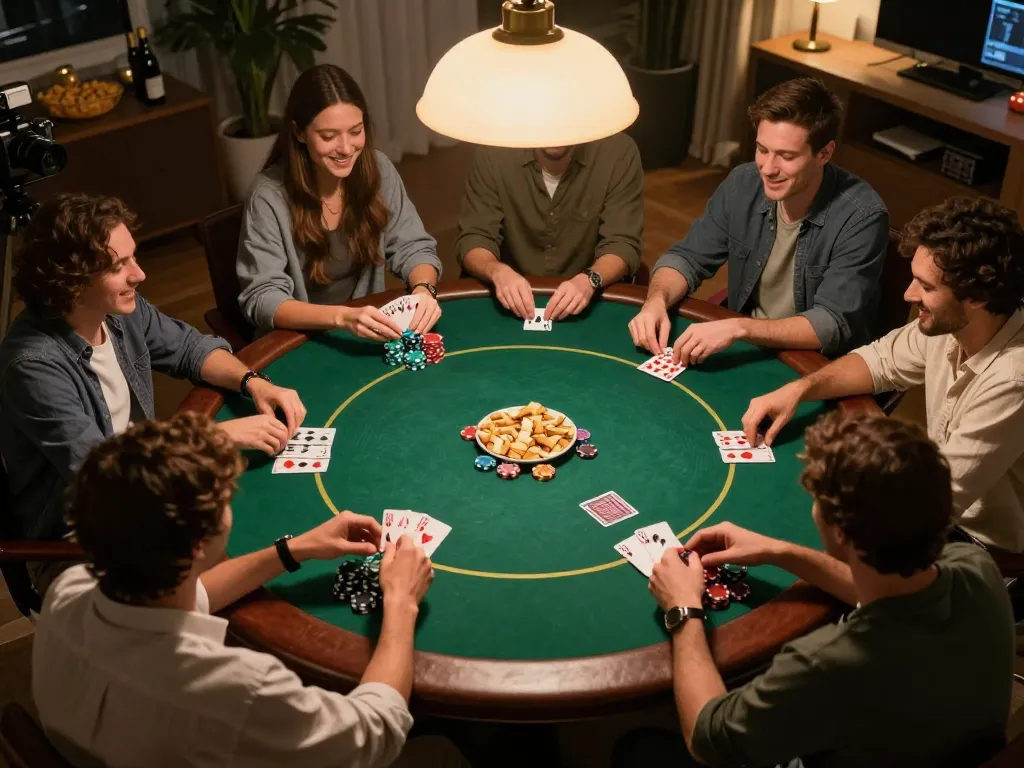 Players enjoying a vibrant home poker night with cards and chips reflecting the excitement of XX88 gaming.
