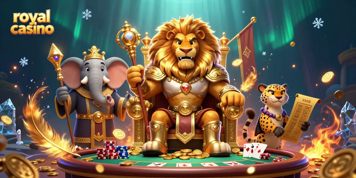 Experience the royal casino with a fierce lion king and vibrant gaming elements.