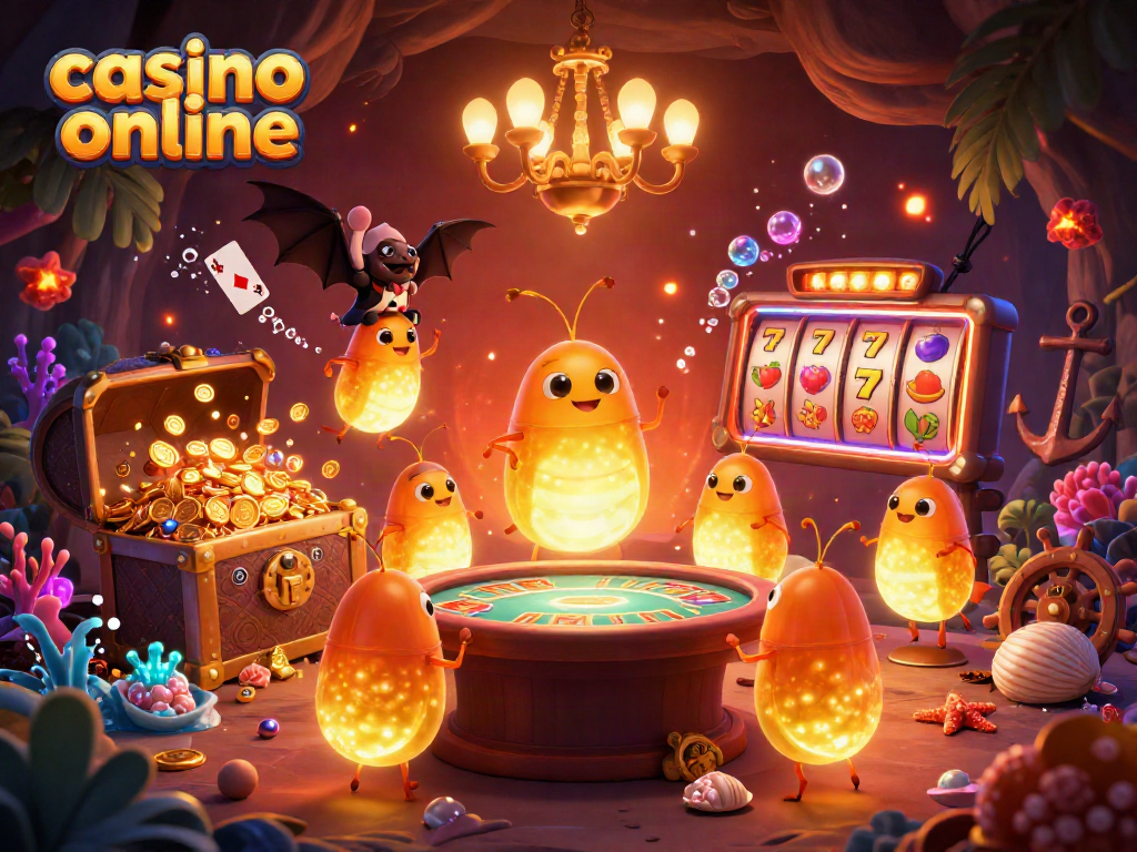 Experience the excitement of casino online with glowworms lighting up a vibrant cave casino filled with treasure.