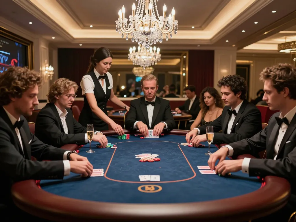 Players enjoy a high-stakes poker game at a luxury VIP table at lucks8 casino.