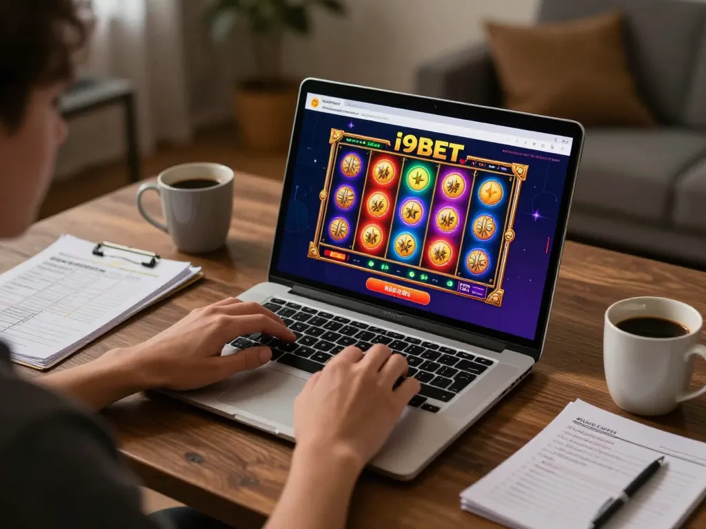 Player engaging with the i9BET online casino platform, enjoying a vibrant slot game.