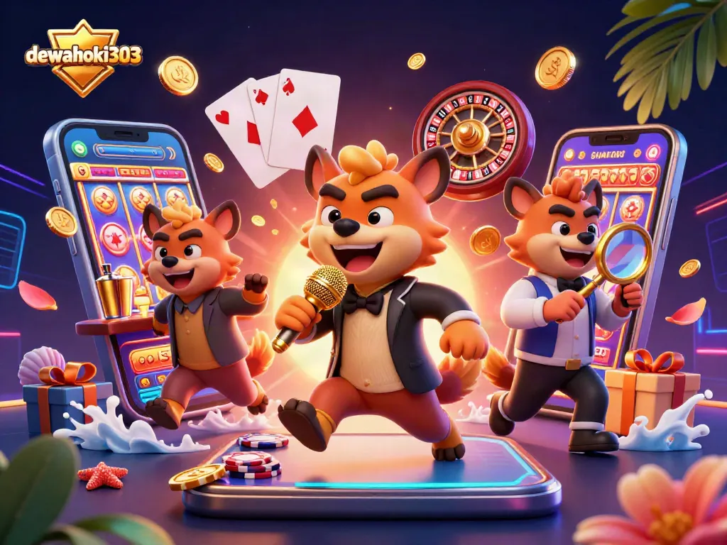 Dewahoki303 menawarkan permainan slot online dengan deposit minimal, dikelilingi karakter lucu di kasino.