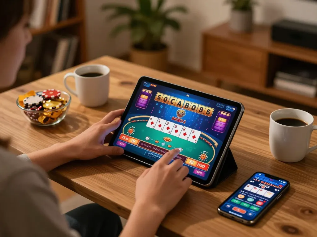Player enjoying poker on their tablet while using uu88 for online gaming; cozy home atmosphere