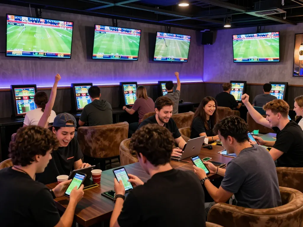 Nowgoal users placing bets in a lively sports betting lounge, showcasing live events and camaraderie.