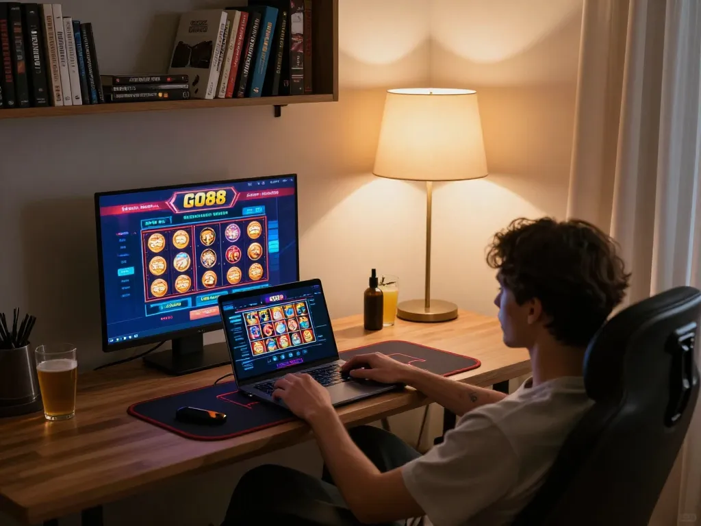 Enjoying GO88 online gaming on a modern laptop at home, promoting responsible gambling.