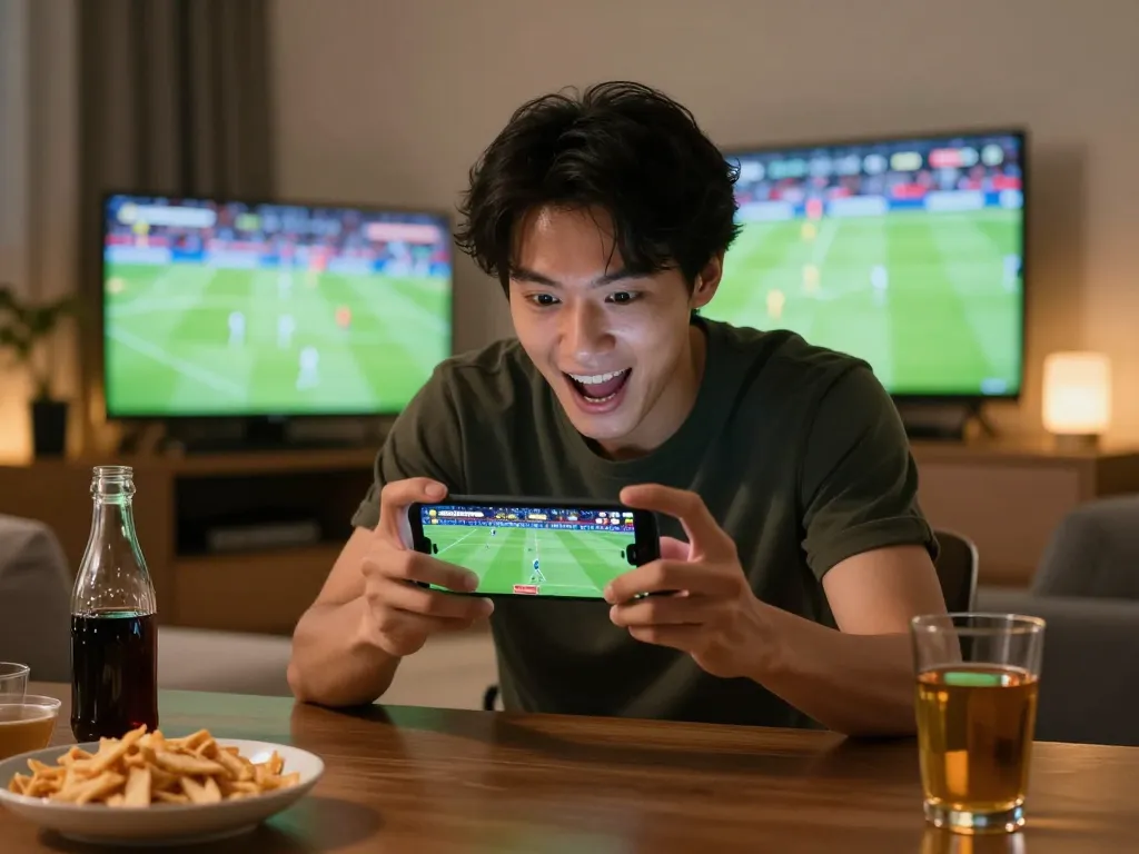 xem bóng đá trực tuyến kèo nhà cái through a smartphone, capturing the excitement of sports betting in a cozy home setting.