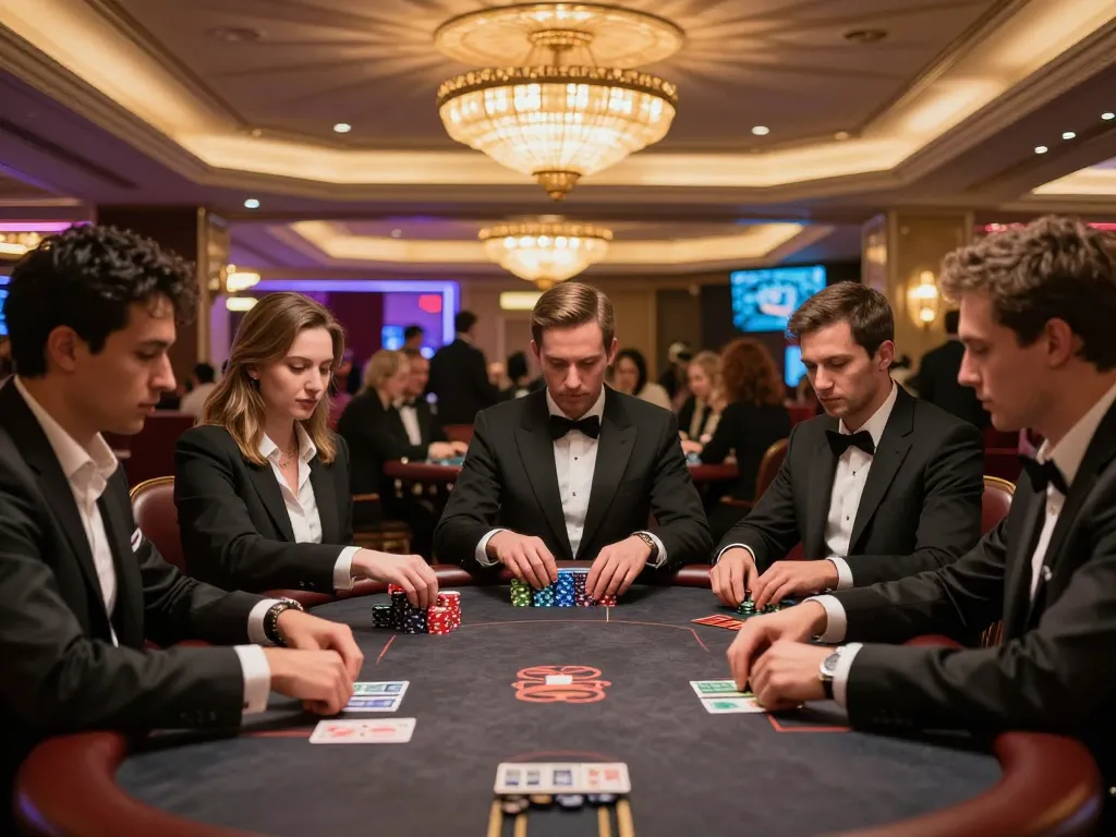 Tỷ lệ nhà cái showcased in a thrilling poker game with serious players at a luxury casino table, highlighting strategic gameplay.