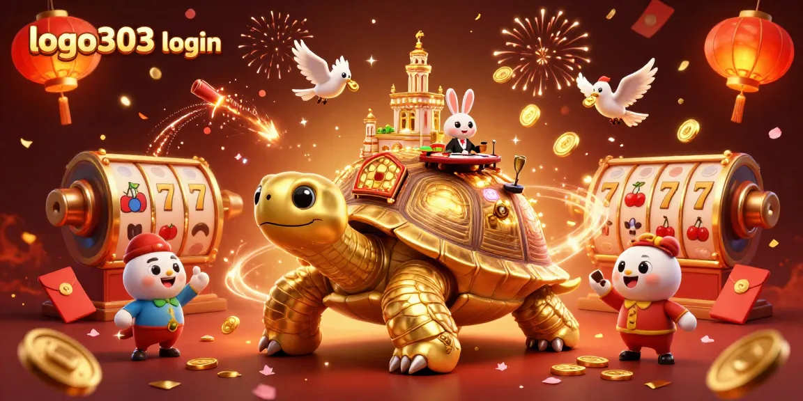 Melakukan login ke logo303 login dengan simbol jackpot slot dan koin emas mengelilingi karakter kura-kura.