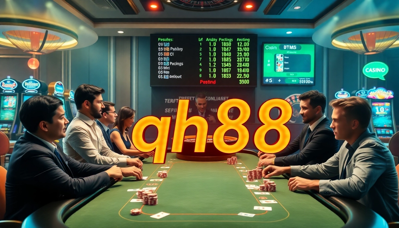 Engaging poker players at the qh88 casino table, illuminated by ambient lighting and vibrant decor.
