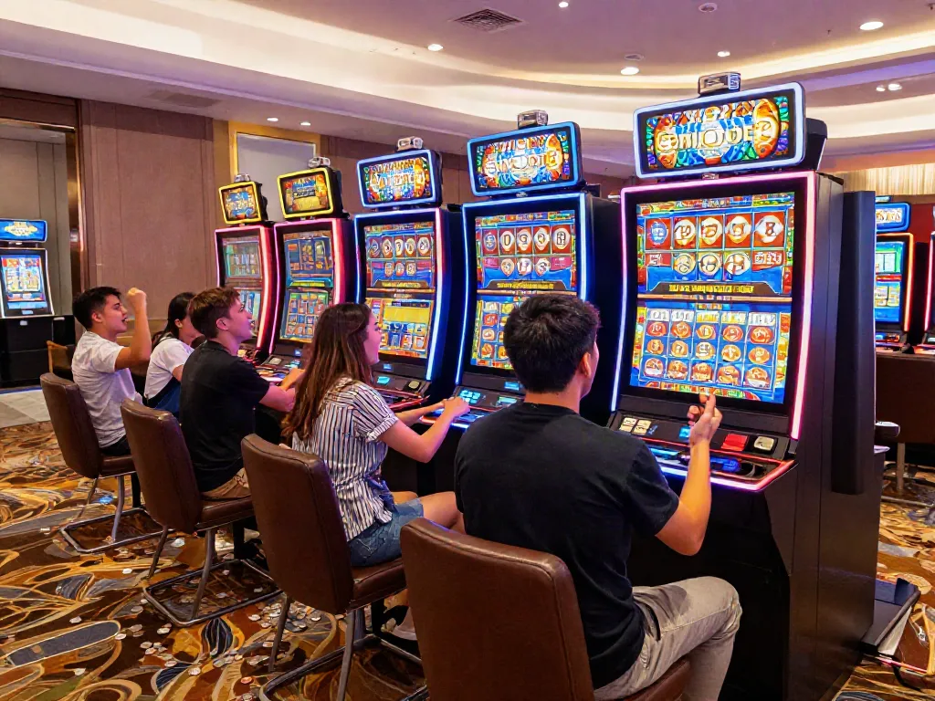 Excited players celebrating wins at SLOT TOTO gaming machines in a lively casino atmosphere.