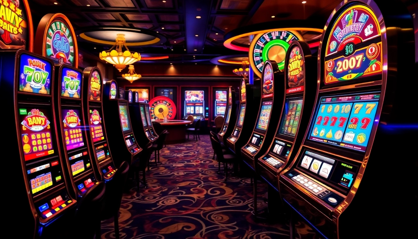 Players enjoying vibrant slot machines in a luxurious casino atmosphere, filled with excitement.