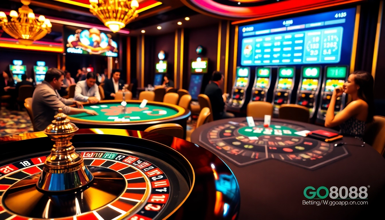 Captivating casino scene showcasing roulette and poker games with the interface of https://go88app.cn.com/ prominently featured.