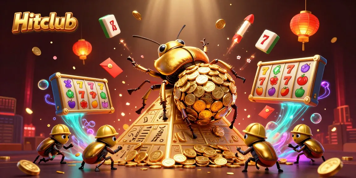 Engage with Hitclub's golden treasures as a dung beetle rolls coins amidst a vibrant casino scene.