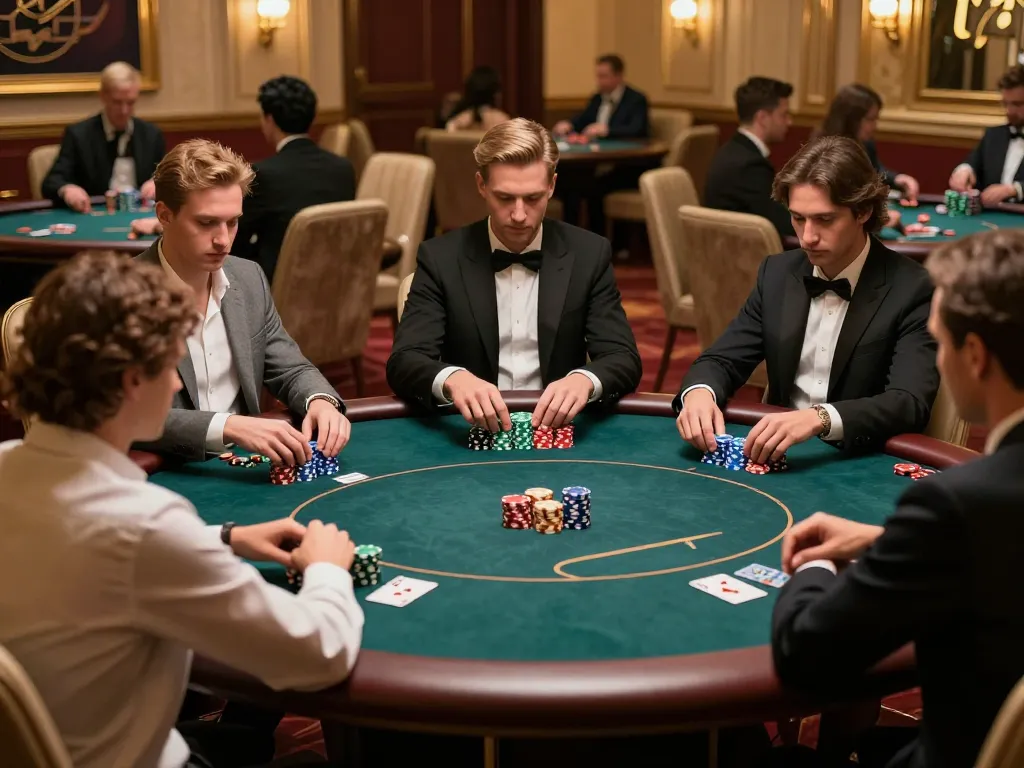 Players at an iwin club VIP poker table strategizing for a winning hand amidst plush decor.