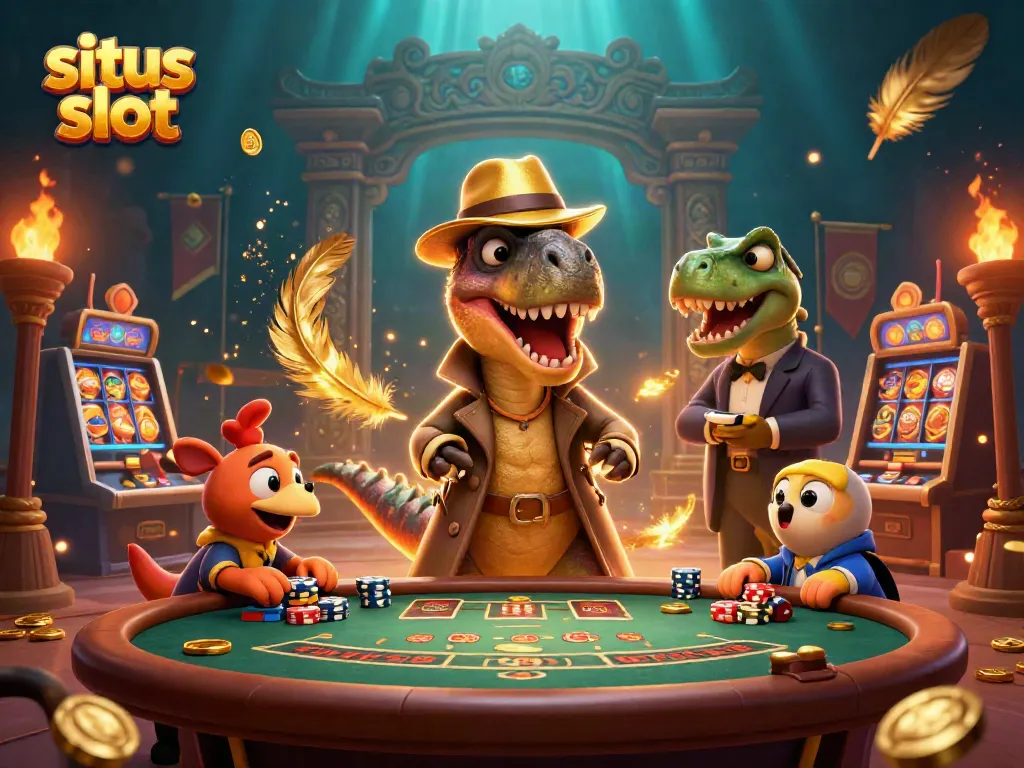Slot gacor hari ini digambarkan dengan 3D velociraptor memainkan kartu di meja blackjack sambil dikepung permainan slot dan elemen kasino menarik