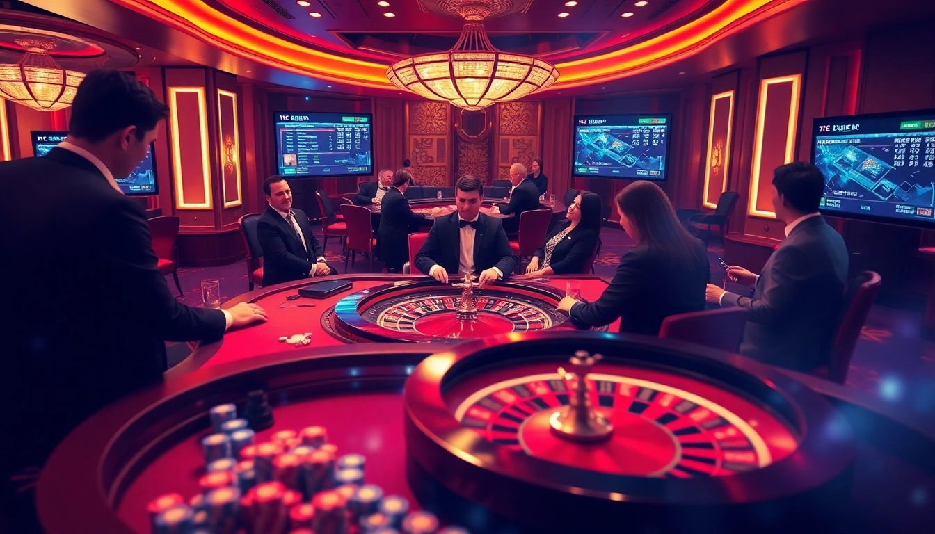 TG88 casino players engage at high-stakes tables in a vibrant, luxurious setting.
