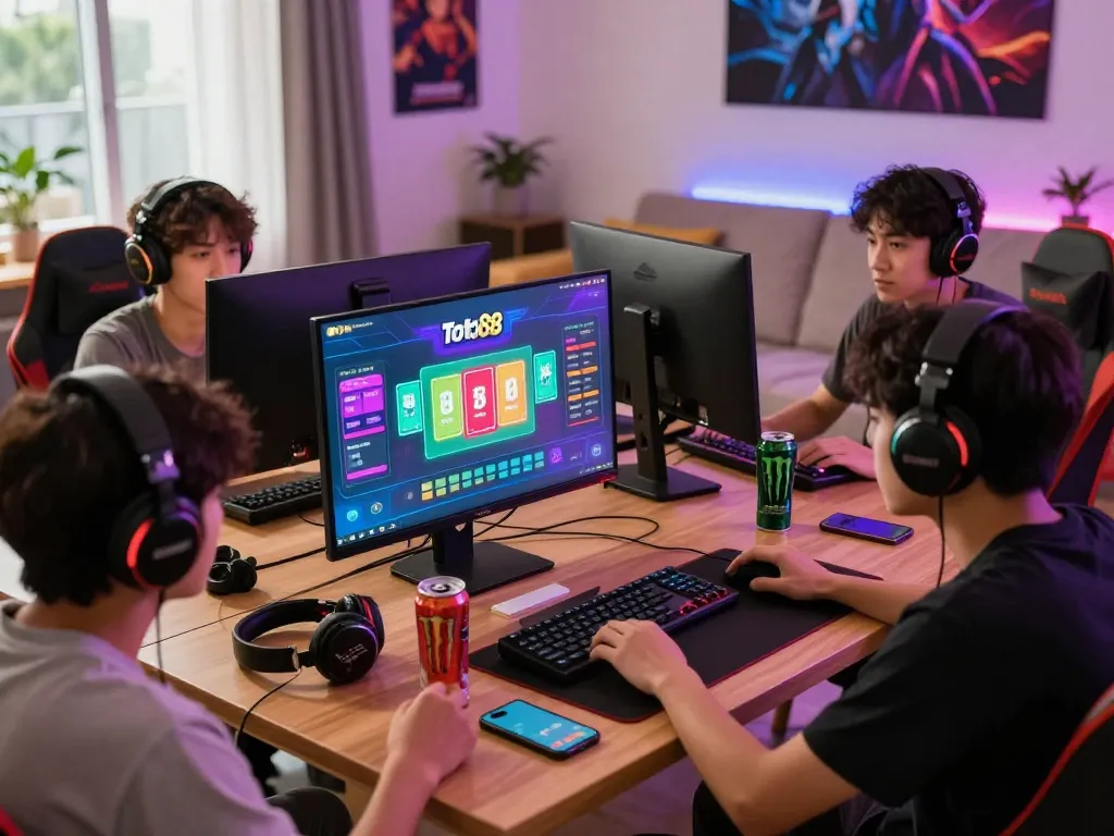 Group of friends enjoying a thrilling toto88 online game experience in a cozy living room.