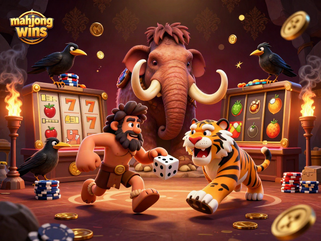 Experience mahjong wins with this vibrant scene of a prehistoric casino featuring unique characters and gaming elements.