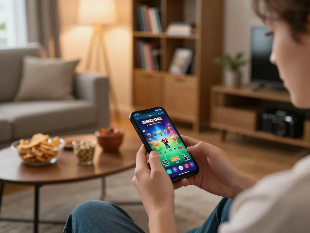 IDNSCORE user enjoying online gambling on a smartphone in a cozy living room, showcasing engaging gaming experience