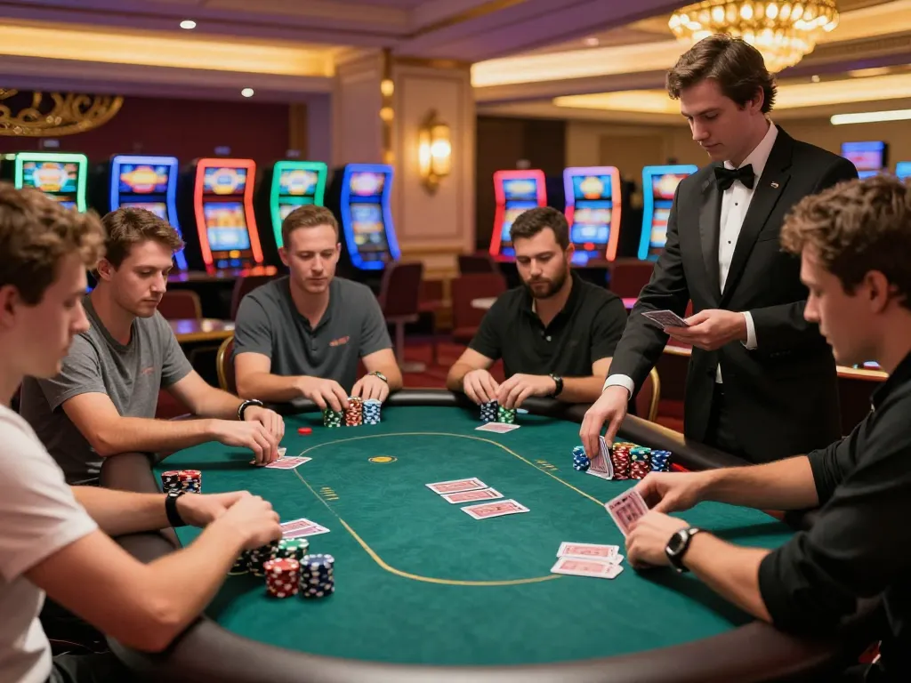 Players engaging in a high-stakes poker game at a luxurious casino, m112 strategy and excitement evident.