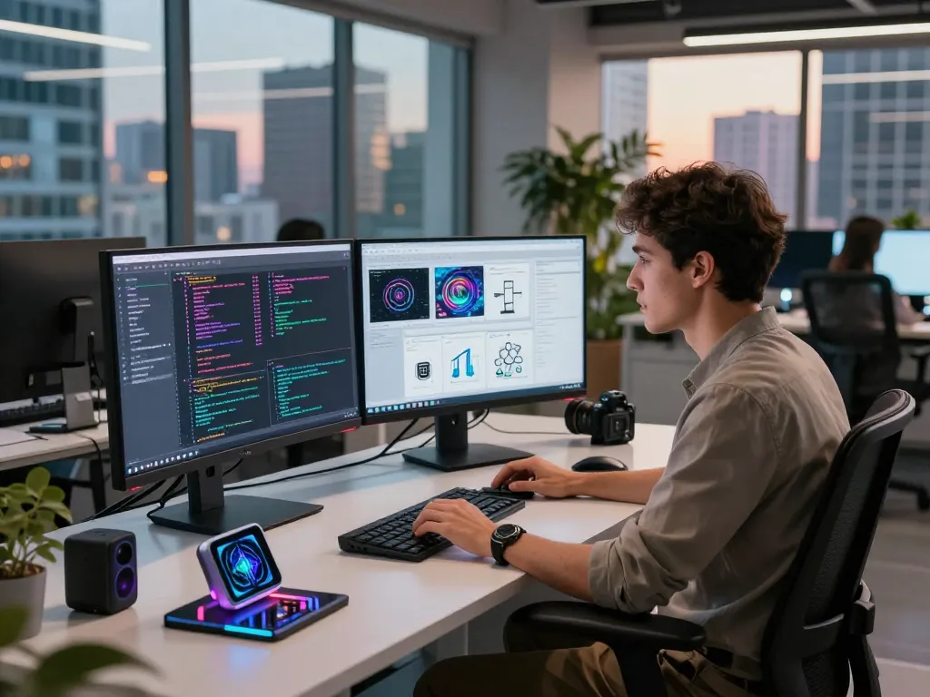 AI development workspace featuring a software engineer coding with dual monitors, showcasing juicy ai technology.