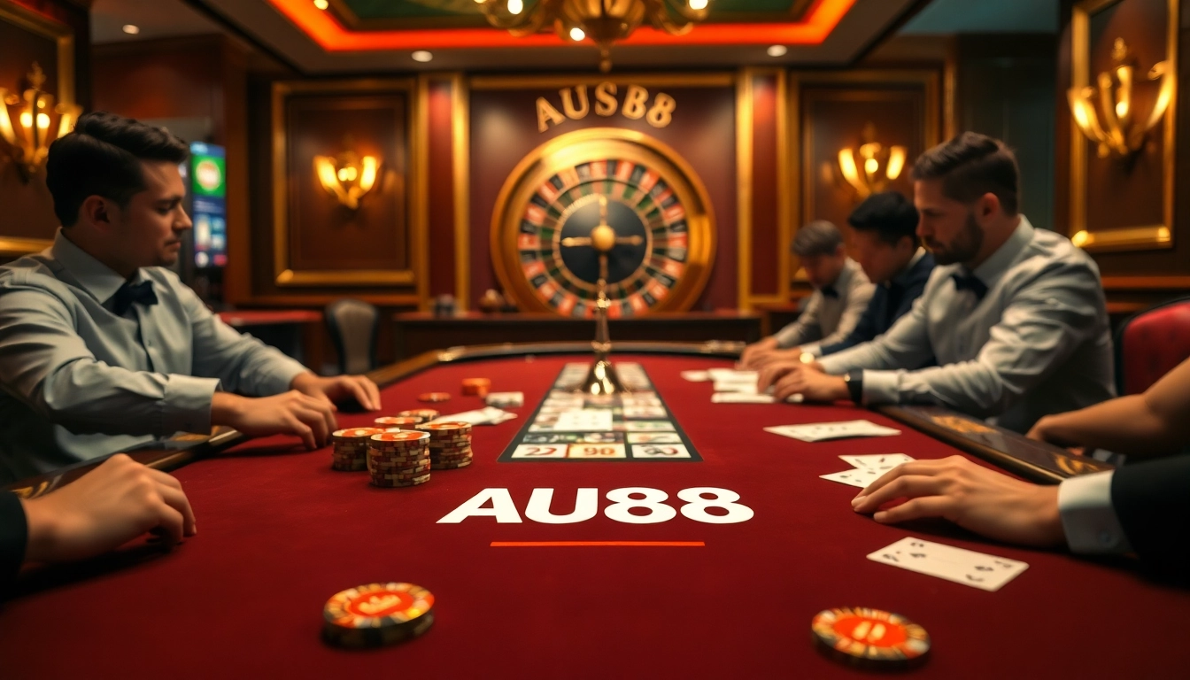 Experience the thrilling ambiance of AU88 casino with professional gamblers at a poker table.