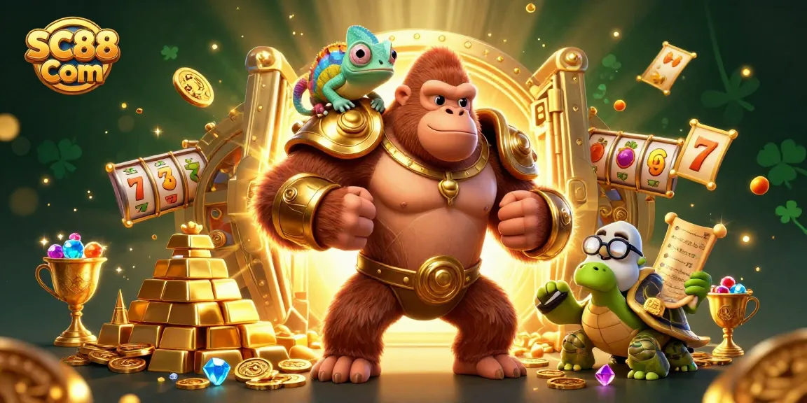 Experience thrilling casino moments with SC88 Com in this vibrant 3D illustration of a gorilla king and friends.