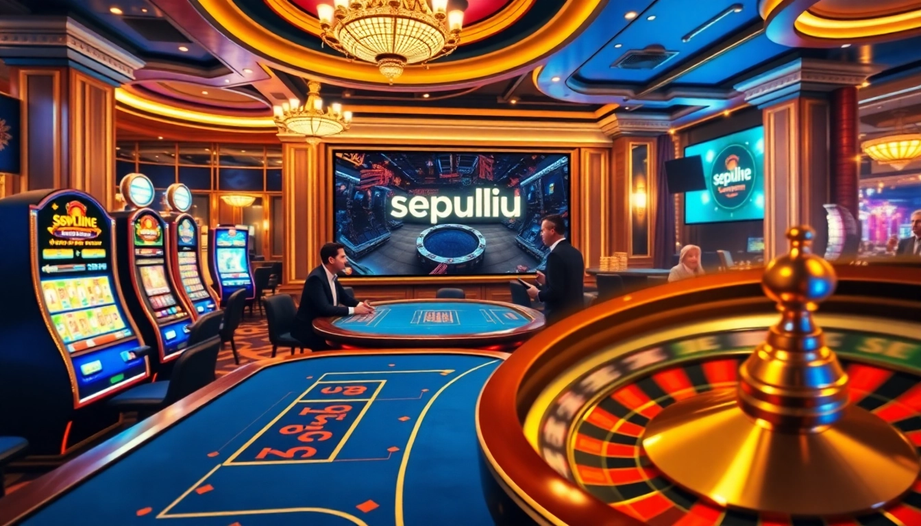 Engage with the sepuhplay link on an exciting online casino setup featuring poker and slot machines.
