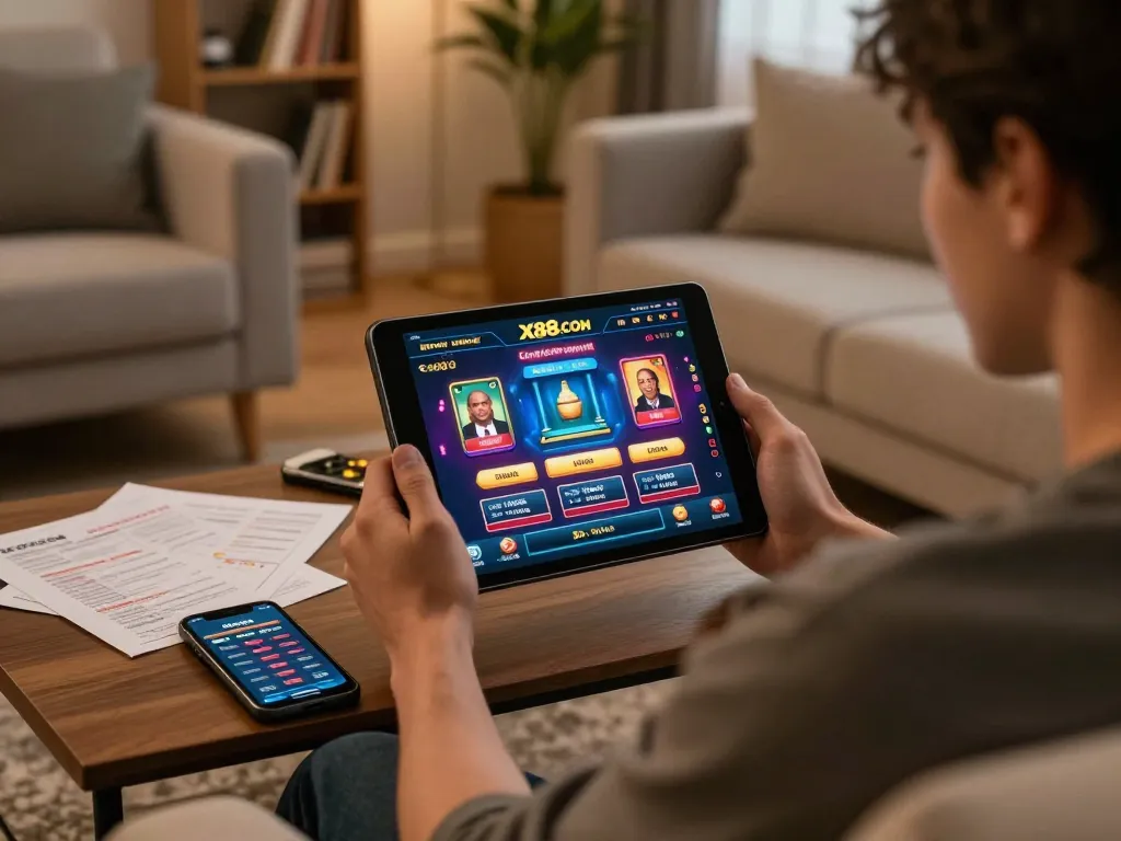 Player engaged with X88.COM online casino on tablet, showcasing strategic gameplay atmosphere at home.