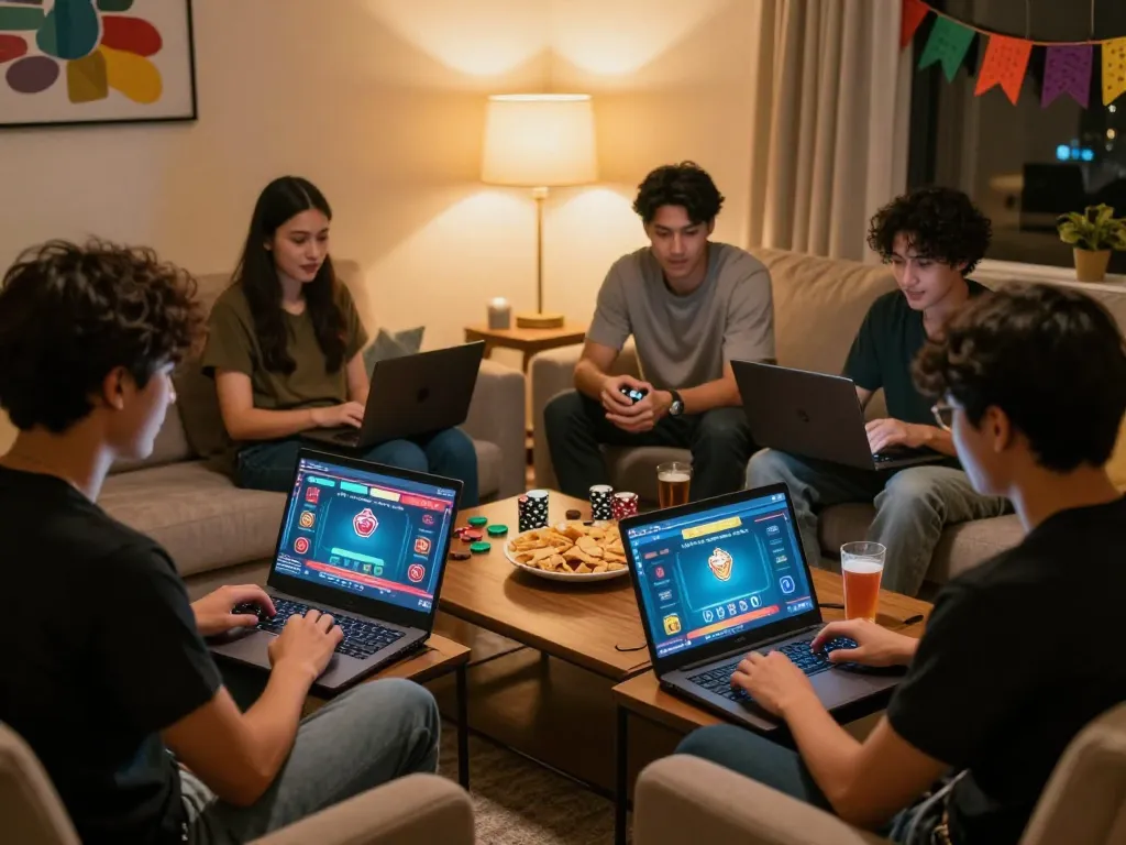 Sahabat yang menikmati malam poker online di BIOSKOP69 dengan laptop dan layar cerah yang menyala.