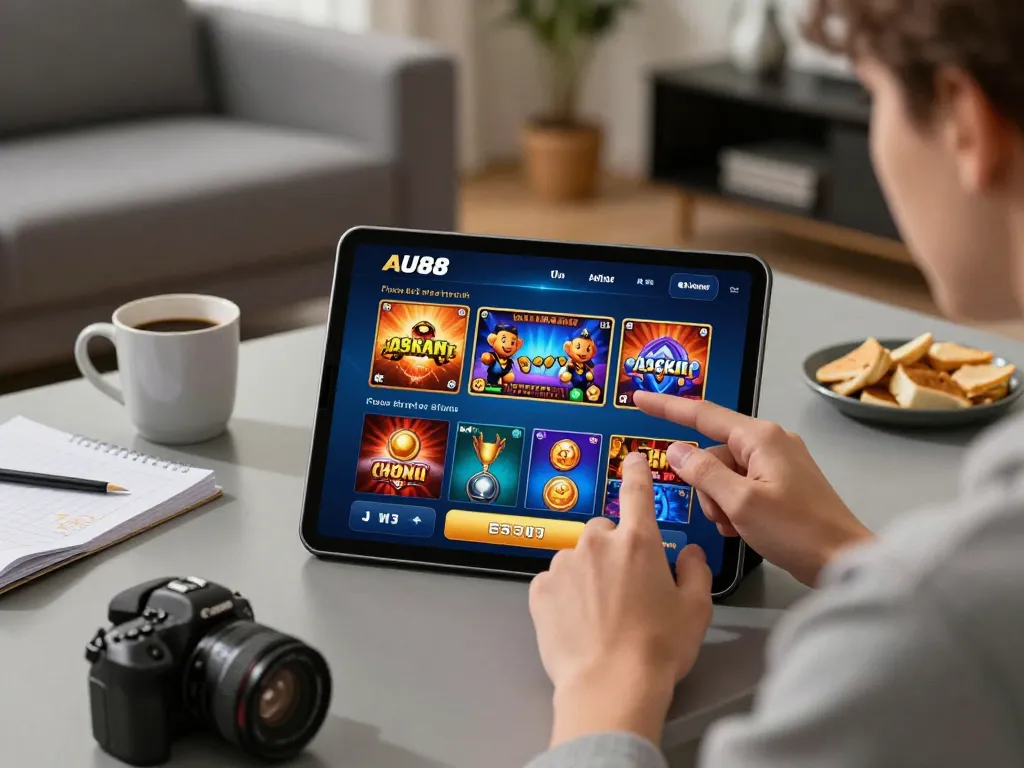 Engaging with the AU88 mobile casino app while preparing for a strategic bet in a cozy living room.