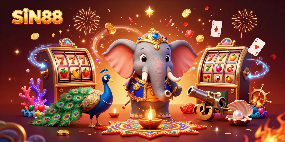 SIN88 vibrant 3D cartoon illustration showcasing festive elephants, gold coins, and slot elements