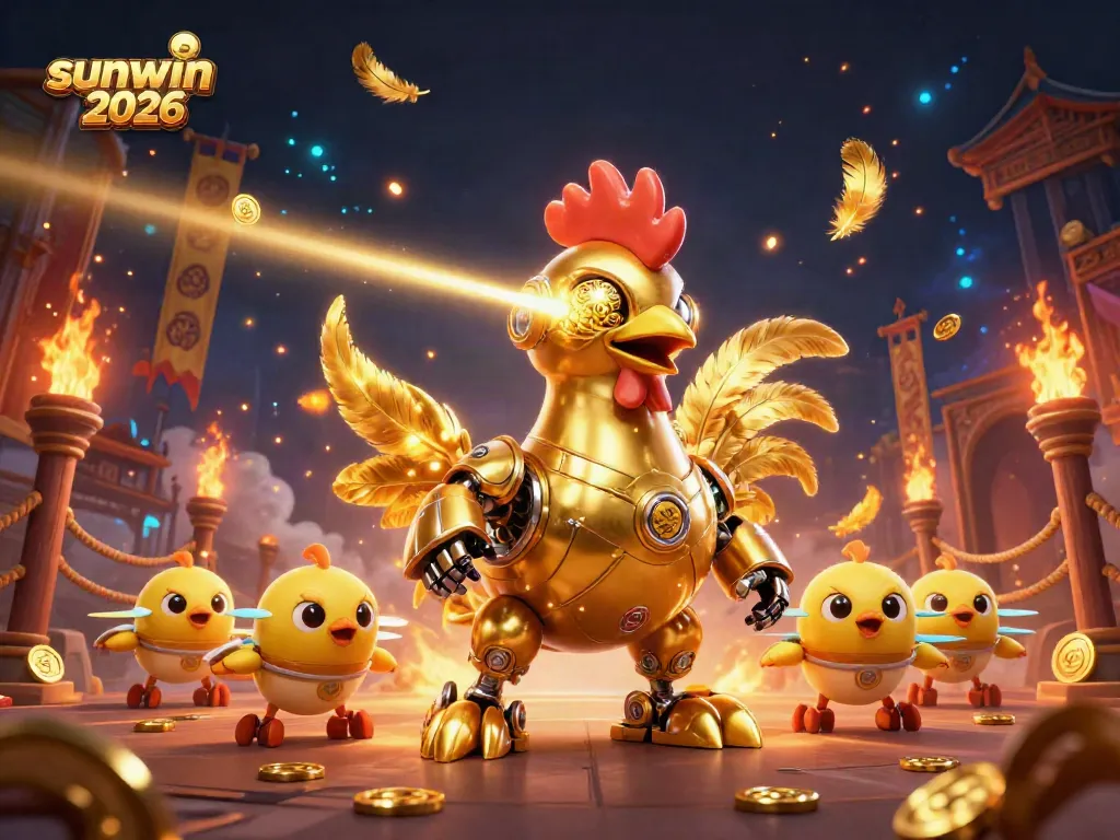 Engage in excitement with Sunwin 2026 featuring a golden rooster robot and energetic baby chick drones in a vibrant casino atmosphere.